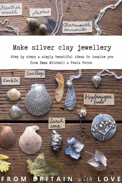 silver clay jewellery diy tutorial and creative ideas and workshops from emma mitchell and paula paton - it's a magical and easy way to craft your own beautiful silver jewellery moulded from botanical and natural finds as well or printed with embossed patterns #silverclay #jewellery #silver #clay #tutorial #diy Silver Clay Jewelry, Silver Clay Jewellery, Heather Wreath, Pmc Jewelry, Precious Metal Clay Jewelry, Art Clay Silver, Silver Metal Clay, Handmade Silver Jewellery, Silver Clay