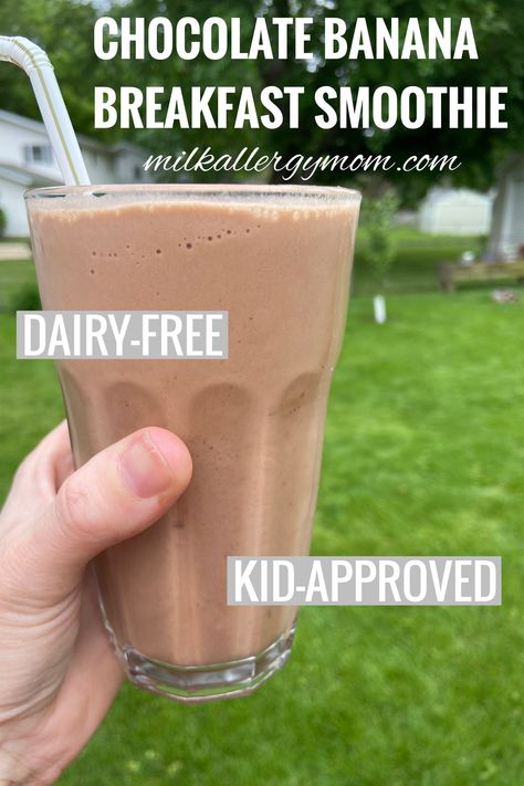 Chocolate Banana Smoothie Dairy Free | Milk Allergy Mom Recipe Banana Smoothie Recipe Healthy, Almond Milk Smoothie Recipes, Kid Friendly Smoothies, Milk Allergy Mom, Healthy Chocolate Banana, Banana Smoothie Healthy, Chocolate Banana Smoothie, Banana Breakfast Smoothie, Smoothie Recipes For Kids