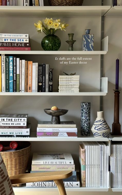 Bookshelf Wall Styling, Bookshelf Styling Modern, Office Bookshelf Decor Ideas, Deep Bookshelf Styling, How To Style Bookshelves With Books, Functional Shelf Styling, Library Bookshelf Styling, Book Storage Aesthetic, Bookcase Styling Bedroom