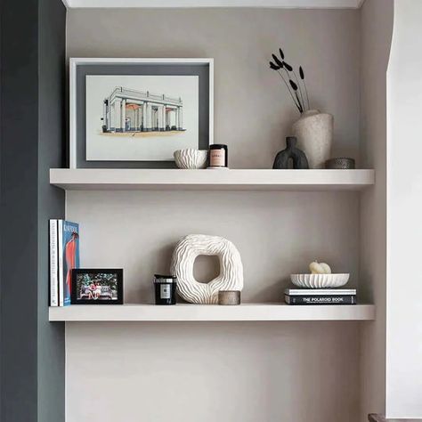 Living Room Alcove Ideas Shelving, Chimney Shelves, Alcove Ideas Living Room Small Spaces, Fireplace Alcove Ideas, Alcove Shelf, Alcove Ideas, Alcove Units, Alcove Shelving, White Floating Shelves