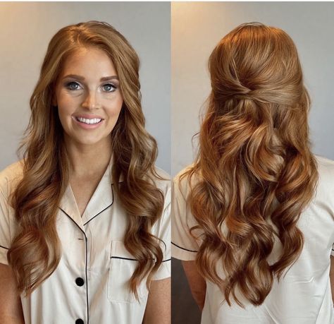 Long Hair Wedding Styles All Down Bridesmaid, Partial Up Wedding Hair, Redhead Bridesmaid Hair, Half Up Half Down Wedding Hair Elegant, Hair Pinned Back On One Side Wedding, Wedding Half Up Half Down Bridesmaid, Front Of Half Up Half Down Hair, Bride Hairstyle Half Up Half Down, Ball Hairstyles For Long Hair Half Up