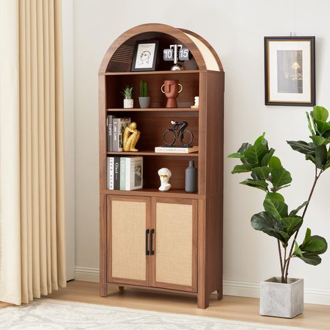 PRICES MAY VARY. Elegant and Soft Design:Standing at 71 inches, this arched bookcase is a stylish centerpiece for any room. Its unique arched top design and natural linen accents on the cabinet doors and arc tops create a calm and peaceful ambiance, making your space feel serene and elegant. Practical and Versatile Use: This piece can function as a bookshelf, storage cabinet, or pantry, making it a versatile addition to your living room, bedroom, or any other space. The open and closed storage o Arched Cabinet Living Room, Nautical Bookshelf, Arched Storage, Arched Bookshelf, Arched Bookcase, Bookshelves For Small Spaces, Mid Century Bookcase, Tall Storage Cabinet, Open Display Shelf