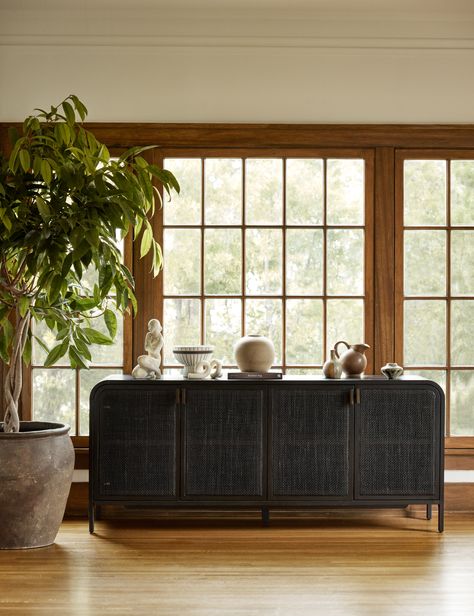 Brooke Solid Oak Sideboard With Cane Paneled Doors Curved Sideboard Buffet, Under Tv Sideboard, Walnut Wood Decor, Sideboard In Front Of Window, Dark Wood Floors Decor, Dining Room Sideboard Ideas, Dining Room With Sideboard, Entryway Sideboard, Modern Foyer Design