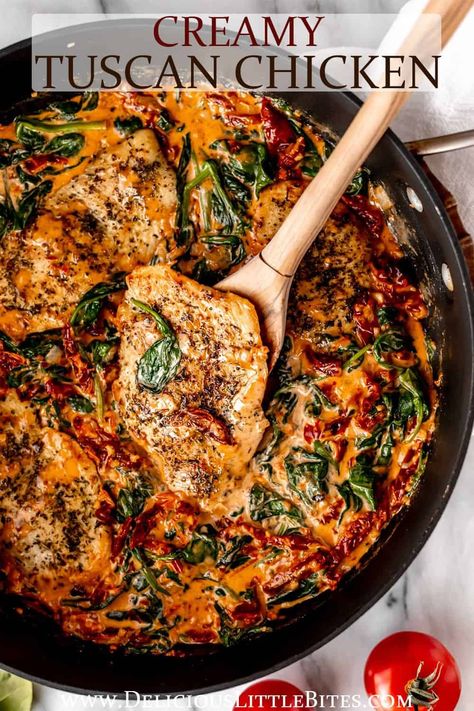 Creamy Tuscan Chicken is an incredibly flavorful, rich meal that you will absolutely love. Seasoned, pan-seared chicken swims in a cream-based sauce with tangy sun-dried tomatoes and savory spinach. It's an easy recipe for any occasion. Skillet Chicken Recipes Easy, Sundried Tomato Chicken, Creamy Tuscan Chicken, Pan Seared Chicken Breast, Sun Dried Tomato Sauce, Seared Chicken, Chicken Skillet Recipes, Pan Seared Chicken, Cilantro Lime Chicken