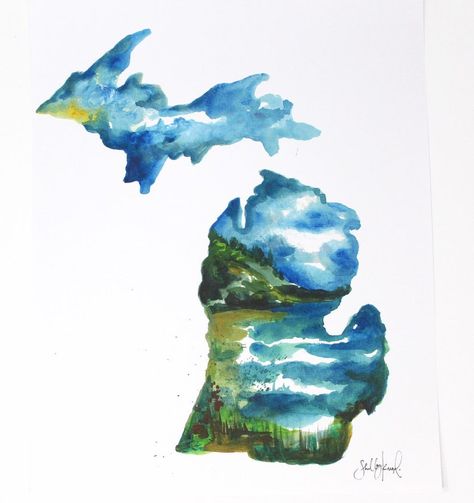 State Of Michigan Art, Lake Michigan Aesthetic, Michigan Watercolor, Michigan Artwork, Michigan Outline, Pastel Tattoo, Map Of Michigan, Painted Cards, Janet Hill