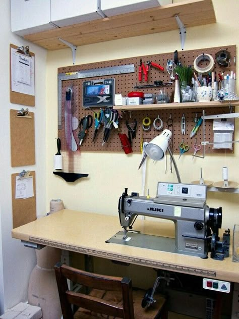 Industrial Sewing Room, Places And Spaces, Sewing Station, Sewing Room Inspiration, Sewing Room Storage, Clothing Store Interior, Sewing Spaces, Sewing Room Design, Sewing Room Decor