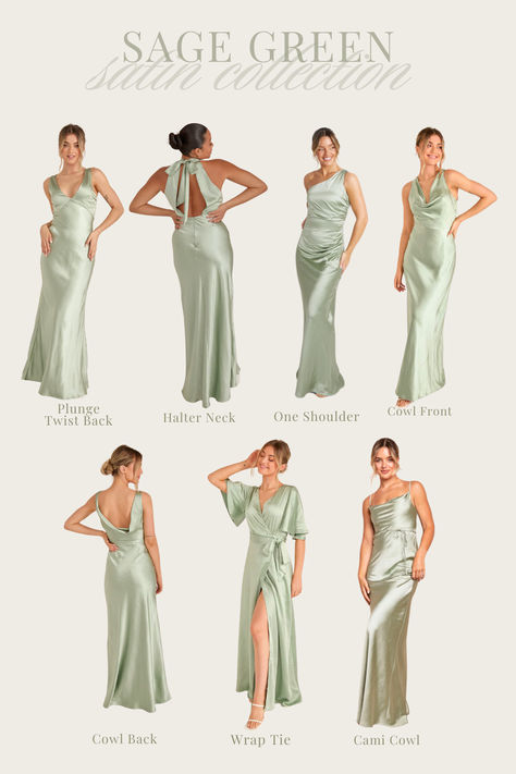 Confidence giving, effortless and comfortable. Whatever their style, find their perfect fit in our gorgeous Sage Green Satin Bridesmaid dresses and wear it together. Dark Sage Green Bridesmaid Dresses Silk, Light Green Bridesmaid Dresses Silk, Silky Sage Green Bridesmaid Dresses, Light Green Satin Bridesmaid Dress, Brids Mades Dresses Sage Green, Green Satin Bridesmaid Dresses, Bridesmaid Dress Collection, Sage Wedding, Satin Bridesmaid Dresses