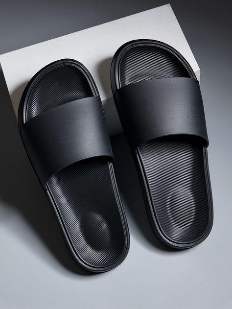 Black     Plain Slides    Men Shoes Sandal Selop Pria, Men’s Flip Flops, Men Slippers Outfit, Men Slides Outfit, Mens Sandals Fashion Style, Sandles Outfit, Nike Slides Men, Men Slippers Fashion, Flip Flops Mens