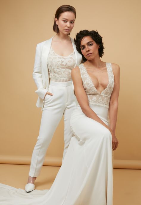 White Women's Tuxedo Wedding Bridal Suit with Lace Cami Tank | The Groomsmen Suit | Wedding Dress Trends 2019 White Pantsuit Wedding, Tomboy Wedding Dress, Lesbian Wedding Outfits Suits Style, Lesbian Wedding Outfits, Bridal Pants, Chic Wedding Style, Casual Bride, Bride Suit, Women Suits Wedding