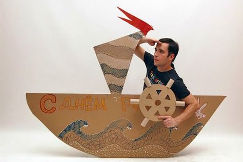 DIY Handmade Cardboard Boat by Cardboard Dad Cardboard Boat, Happy Crafts, Diy Rocket, Carton Diy, Cardboard Toys, Handmade Charlotte, Paper Toy, Paper Boat, Foto Baby