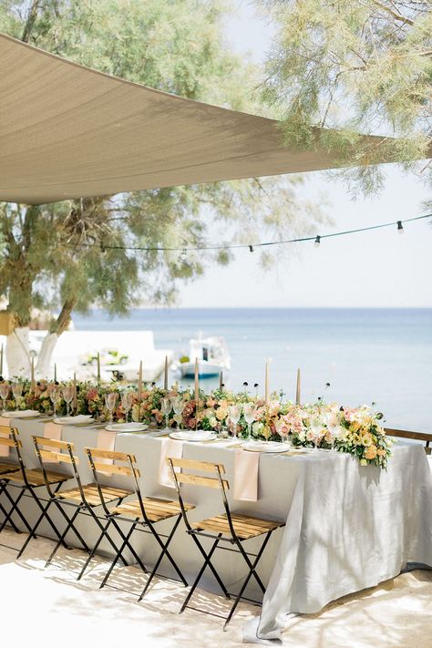 family style tablescape with bistro chairs, bride and groom signage and a lush flower garland runner for a small destination wedding in Greece Greek Islands Wedding, Grecian Wedding, Summer Wedding Reception, Tree Table, Table Outdoor, Flower Tree, Romantic Beach, Greece Wedding, Greek Wedding