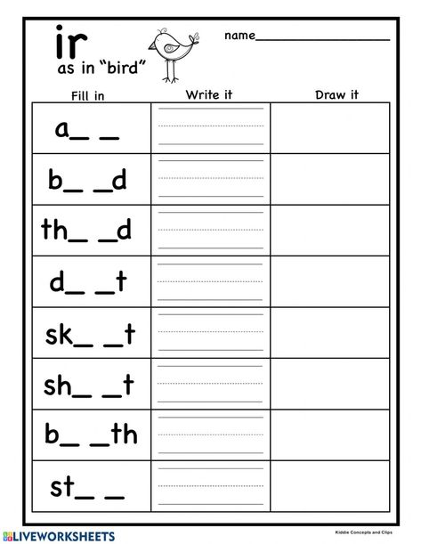 R controlled vowel ir - Interactive worksheet I Vowel Words Worksheet, Ir Words Phonics, Vowel R Activities, Controlled R Worksheets, R Controlled Vowels Anchor Chart, R Controlled Vowels Worksheets, Vowels Worksheet, R Controlled Vowels Activities, Speech Language Pathology Grad School