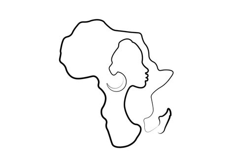 Black African Woman in line art style, continuous line drawing of Afro woman and African continent map. Vector linework tattoo icon logo isolated on white background African Culture Tattoo Ideas, Tattoo Of African Woman, Africa Small Tattoo, Line Art Afro Woman, Minimalist Africa Tattoo, Black Woman Art Tattoo, Small African Tattoo For Women, Africa Line Art, Made In Africa Tattoo