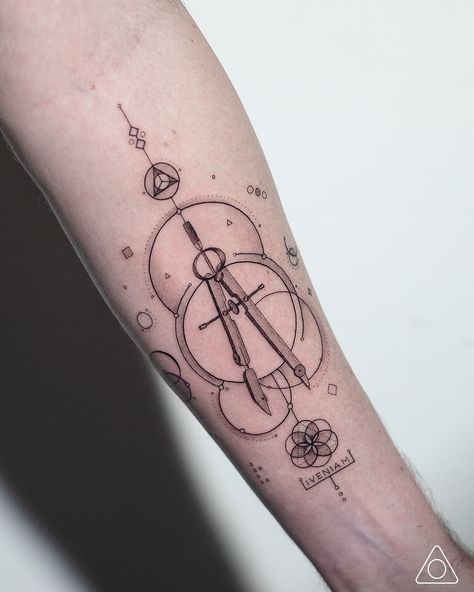 Tattoo For Architect, Tattoo Ideas Engineering, Architect Tattoo Ideas Minimalist, Line Geometric Tattoo, Architectural Tattoos, Architect Tattoo Ideas, Geometric Compass Tattoo Design, Architect Tattoo, Fine Line Geometric Tattoo