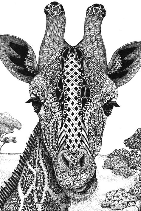 Giraffe. Domestic and Wild Zentangle Animal Portraits. By Kristin Moger. Animals Inspiration, Zantangle Art, Giraffe Coloring Pages, Zentangle Animals, Animal Outline, Zentangle Artwork, Giraffe Art, Mandalas Painting, Doodle Art Drawing