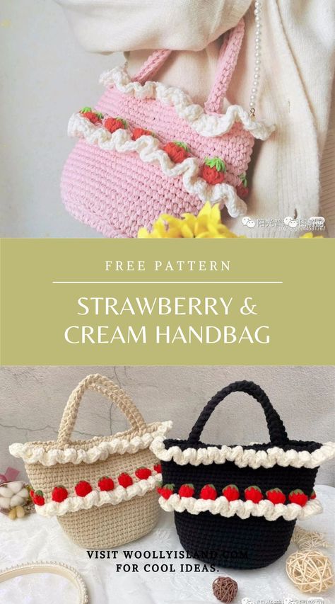 Kawaii Crochet Bag Pattern Free, Easy Kawaii Crochet, Crochet Cute Bag Pattern, Small Things To Crochet Free Patterns, Practical Crochet Projects Free, Crochet Bag Strawberry, Crochet Mini Handbag, Handbag Crochet Pattern Free, Crochet Small Purse Pattern Free