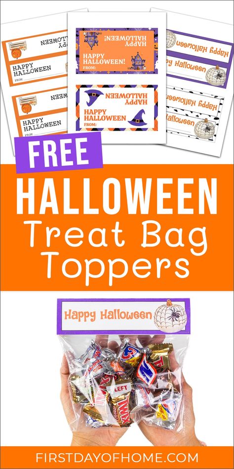 Download these free printable treat bag toppers to use with Ziplock bags for Halloween treats. There are 6 designs to choose from that can be printed and cut at home. #firstdayofhome #halloween #printables Halloween Goodie Bag Printables, Halloween Free Printables Treat Bags, Halloween Treat Bag Labels Printable, Free Halloween Treat Bag Printables, Halloween Bag Tags, Halloween Bag Toppers Free Printable, Halloween Treat Bag Tags Free Printable, Halloween Goodie Bag Ideas, Halloween Bag Toppers