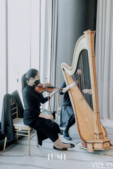 Violin and Harp duo pandemic-style Harp And Violin Wedding, Piano Wedding, Violin Players, Crystal Garden, Wedding 2025, Fusion Wedding, Violinist, Vancouver Bc, Wedding Board