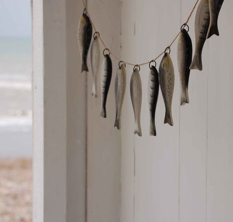 Fish Garland, Beach Moodboard, Fish Decorations, Wooden Fish, Sea Design, Fishing Decor, Fishing Theme, Clay Ornaments, Beach Hut