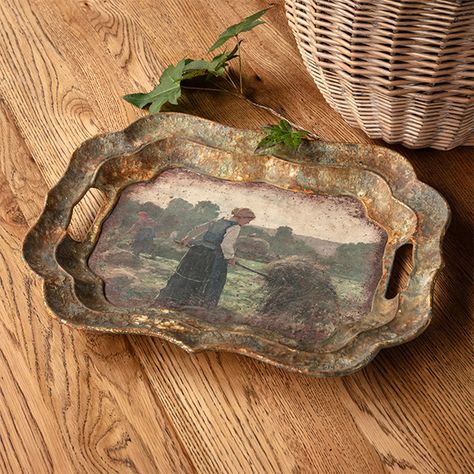 <p>You will appreciate the unique beauty of our <strong>Rustic Morning Chores Serving Tray. </strong> Featuring an aged finish, this decor piece features a hay harvest morning and can function as a serving tray or can be hung as a beautiful art piece on your wall. Add a touch of farm charm to any room in your home with this tray.</p> Metal Tray Decor Ideas, Tray Wall Decor, Morning Chores, Christmas Trays, Branch Centerpieces, Kitchen Table Centerpiece, Farmhouse Tray, Antique Booth, Upcycle Ideas