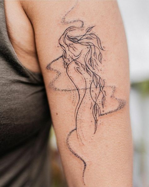 Mythical Female Tattoo, Female Warrior Tattoo Fine Line, Whimsical Feminine Tattoo, Unique Delicate Tattoos, Abstract Feminine Tattoo, Tattoo Of A Woman Goddesses, Fierce Feminine Tattoos, Pablo Neruda Tattoo, Abstract Tattoo For Women