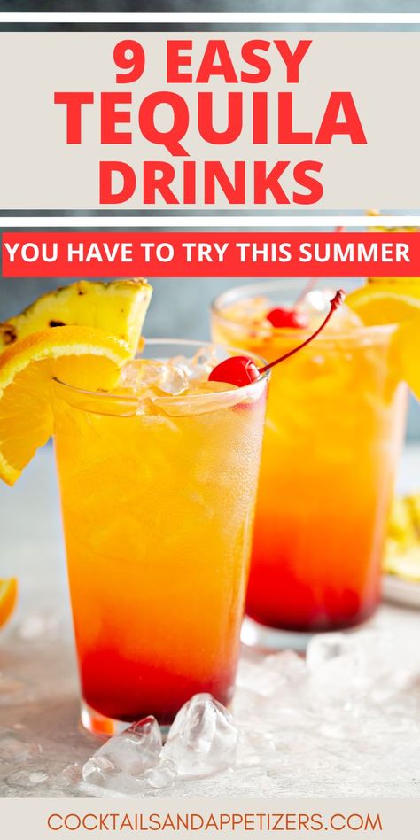 These 9 Easy Tequila Drinks will elevate your cocktail game! From classic margaritas to refreshing tequila sunrise variations, this collection has something for everyone. Mix up a Paloma, sip on a Mojito, or indulge in a fruity Tequila Punch. These recipes are perfect for parties, gatherings, or simply enjoying a relaxing evening at home. Cocktails With Tequila Easy, Easy Cocktail Recipes Tequila, Mix Drinks With Tequila, Sweet Liquor Drinks, Tequila Blanco Drinks, Titos Drinks Recipes, Tequila Drinks For A Crowd, Easy Tequila Cocktail Recipes, Sweet Tequila Drinks