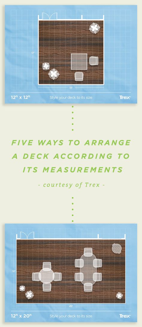 When building a deck, it's important to plan how you're going to use your outdoor space. Read our blog for helpful tips on arranging outdoor furniture on different size decks. Large Deck Layout Patio Ideas, Deck Size Layout, Deck Seating Arrangements, 16 X 20 Deck Layout, Deck Arrangement Furniture, Deck Layout Ideas Floor Plans, How To Arrange Deck Furniture Layout, Back Deck Furniture Layout, Outdoor Deck Furniture Layout