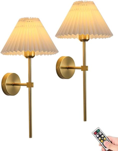 Battery Operated Wall Sconces Gold Set of Two with Remote,Rechargeable Wall Lights with Timer,Indoor Non Hardwired Wall Lamp Light Fixtures Brass with Fabric Shade for Bedroom Living Room Bathroom Wireless Wall Lights, Battery Operated Wall Sconces, Brass Light Fixture, White Umbrella, Bathroom Sconces, Home Goods Decor, Ceiling Fan In Kitchen, Living Room Bathroom, Wall Fixtures