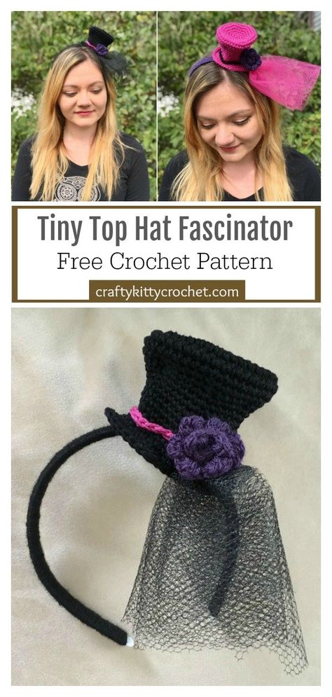 Hat Toppers Crochet, Crochet Tiny Top Hat, Mini Top Hat Crochet Pattern, Top Hat Crochet Pattern Free, Crochet Small Top Hat Free Pattern, Crochet Steampunk Hat Free Pattern, Crochet Tiny Hat Free Pattern, Crochet Fascinator Pattern, Steampunk Crochet Patterns Free