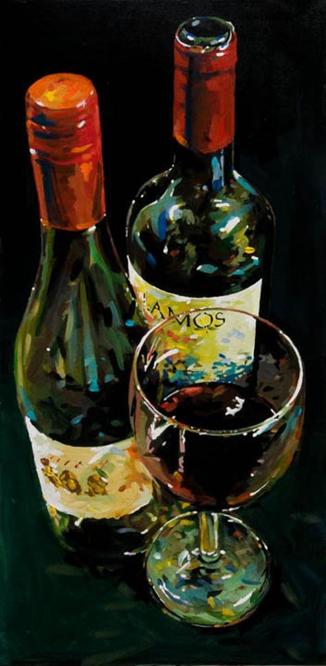 Before I do a painting, a bottle of wine seems to help loosen me up, and I always seem to fill her up when getting low and the painting flows with the wine. Painting Of Wine, Wine Drawing Reference, Wine Bottles Photography, Winery Painting, Kitchen Art Painting, Alcohol Art Bottle, Wall Art Painting Ideas, Wine Paintings, Wine Art Painting