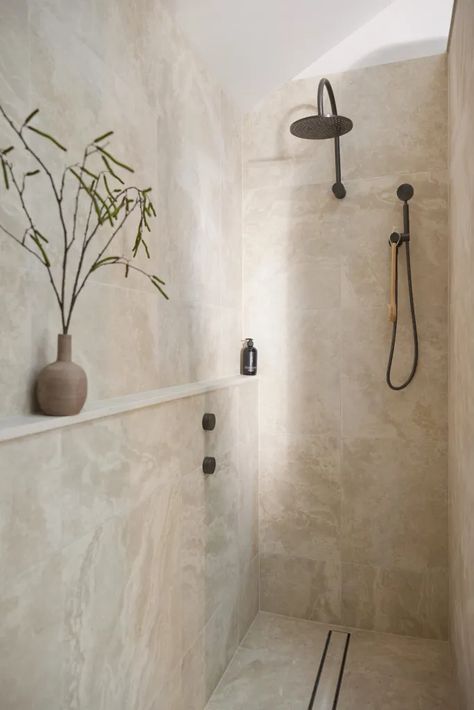 Lime Wash Shower Walls, Beautiful Showers Bathroom, Stone Wood Bathroom, Walk In Shower Ideas With Bench No Door, Neutral Bathroom Aesthetic, Earthy Neutral Bathroom, Organic Earthy Bathroom, Neutral Marble Bathroom, Neutral Stone Bathroom