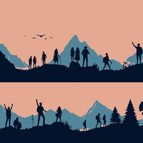 Silhouettes of people on the background ... | Premium Vector #Freepik #vector #graphic #illustration #mountaineer #hikers Silhouettes Of People, Top Of Mountain, Silhouette People, Mountain Travel, Doodle Art Designs, Art References, Doodle Art, Art Designs, Graphic Illustration