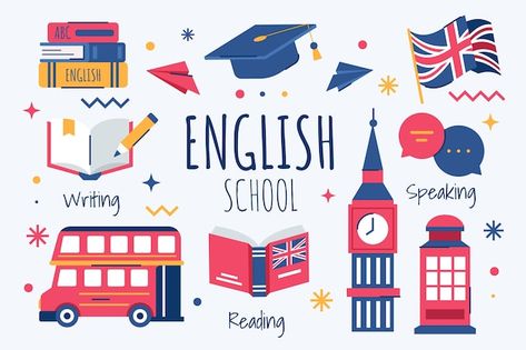 Learn English Logo, English School Design, English Logo Design, English Background, English Stickers, English Illustration, English Drawing, Printable Playing Cards, English Subject