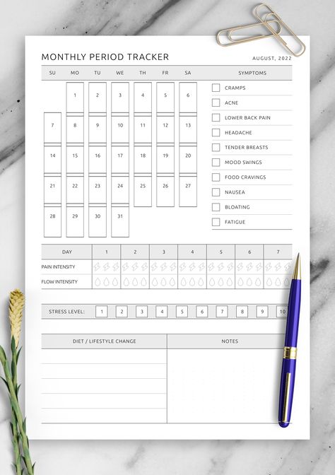 Try the handy Monthly Period Tracker to track your menstruation days with ease. It is a great tool for every woman who wants to know accurate information about the menstrual cycle. Using the template, you can predict the days of your period for the next month and be prepared for them in advance. Set the layout options you need, download the PDF file and print it for your planner. Be in a good mood, smile more often, and comfortably monitor your health. Sections available in this template: Monthly Period Tracker Bullet Journal, Cycle Syncing Tracker, Cycle Tracking Bullet Journal, Cycle Syncing Planner, Menstrual Cycle Journal, Menstrual Cycle Aesthetic, Period Tracker Printable Free, Cycle Tracking Menstrual, Menstrual Journal