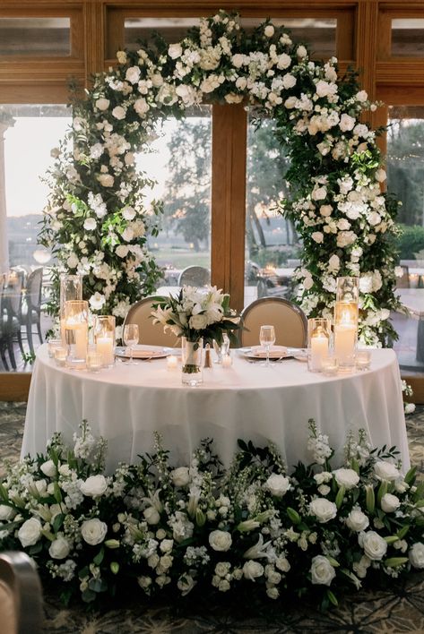 Bluegrass Chic | Classic White & Greenery Wedding Mission Inn Resort Sweetheart Table Bridal Table Greenery, Vintage Wedding Sweetheart Table, White And Green Sweetheart Table Flowers, White Flowers And Greenery Wedding Reception, Classic Sweetheart Table, Wedding Reception Sweetheart Table, Modern Sweetheart Table Wedding, Winter Sweetheart Table, Round Sweetheart Table Wedding