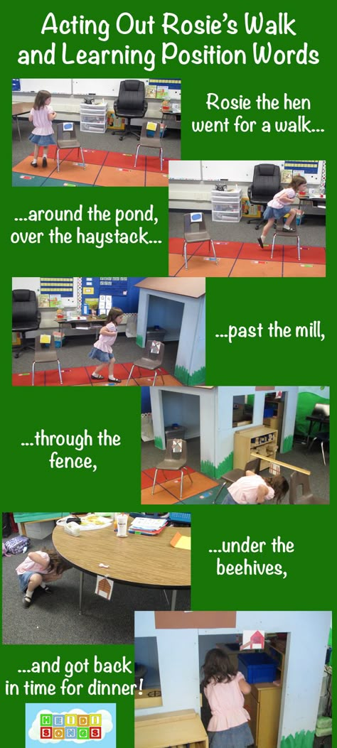 Act out Rosie's Walk by taping children's pictures from their little books to the chairs and other furniture. Rosies Walk, Positional Language, Positional Words, Farm Unit, Farm Preschool, Maths Ideas, Spatial Relationships, Story Activities, Preschool Literacy