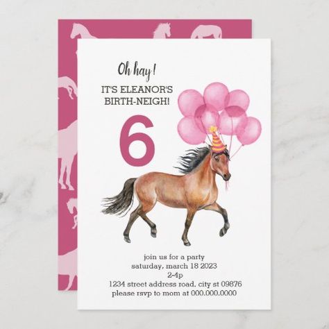 $3.08 | Horse Birthday // Oh Hay It's Your Birth-neigh Invitation #birthday #horse #girl's #pink #watercolor #birth-neigh #horsebirthdaytheme #watercolorhorseinvitation #horseparty #birthdayparty Horse Bday Party, Pony Ride Birthday Party, Horseback Riding Birthday Party, Birthday Horses, Horse Party Invitations, Horse Birthday Party Invitations, Spirit Birthday, Barn Birthday Party, Horse Birthday Party