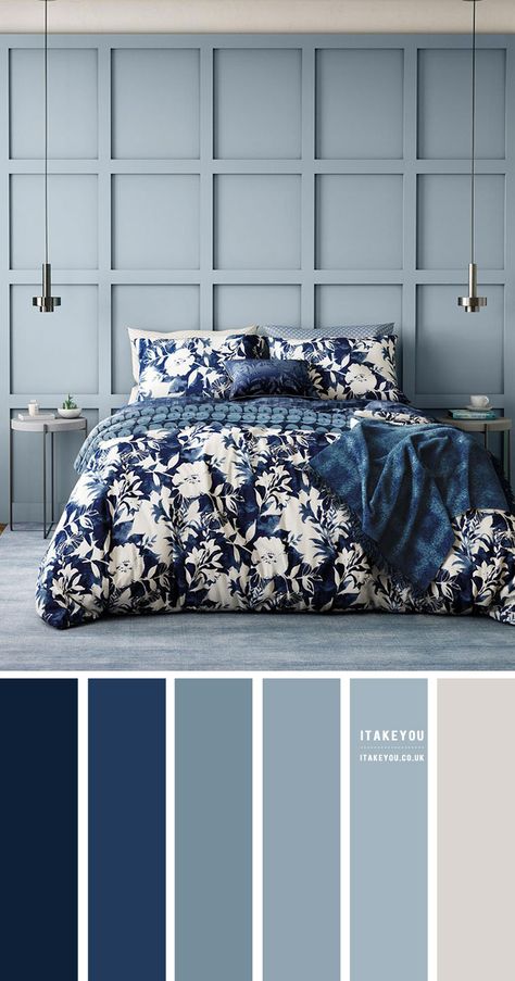 Navy Blue White And Grey Bedroom Colour Schemes, Stormy Blue Bedroom Ideas, Bedroom Colour Palette Blue, Bedroom Colour Theme Ideas, Colour Theme For House, Navy Blue Bedroom Color Palette, Navy Blue Bedroom Ideas Colour Schemes, Petrol Color Combination, Ocean Blue Bedroom Ideas