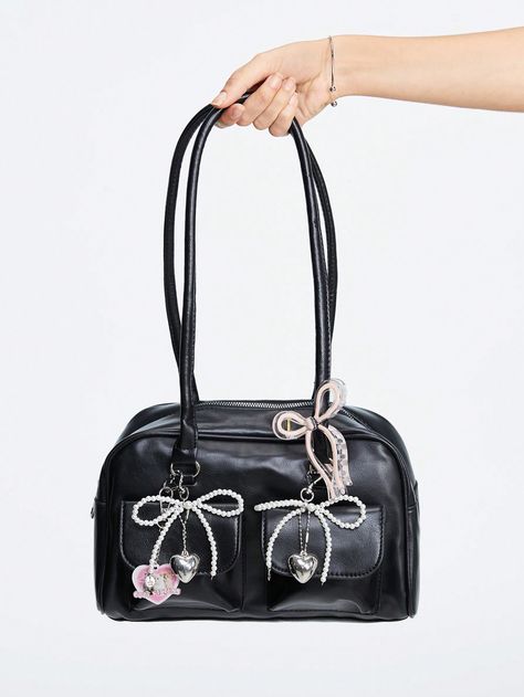 Large Capacity Casual Commute Bag Shoulder Bag/Bowling Bag, School Black Casual,Fashionable   PU Leather Graphic,Plaid Boston Bag   Women Bags, size features are:Bust: ,Length: ,Sleeve Length: Boston Bag, Sac Aesthetic, School Bag Decoration, Bag Decoration, Aesthetic Roblox Royale High Outfits, Bowling Bag, Commuter Bag, Bag School, Bowling Bags