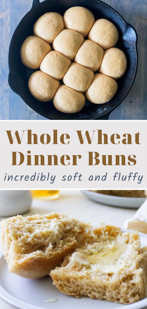 These whole wheat dinner buns are so soft and fluffy. They are delicious served with soup, stew or alone with butter and honey. These also make great slider buns. Whole Wheat Dinner Rolls Recipe, Whole Wheat Recipes, Dinner Buns, Whole Wheat Buns, Whole Wheat Dinner Rolls, Yeast Bread Rolls, Homemade Honey Butter, Fiber Recipes, Whole Wheat Rolls