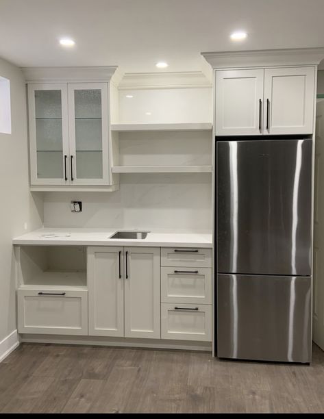 Cabinets For Small Kitchen Layout, Kitchen Cabinets In Basement, Rec Room With Kitchenette, Modern Basement Apartment Ideas, Basement Kitchenette With Full Size Fridge, Kitchenette With Refrigerator, Office With Kitchenette, Wet Bar With Microwave And Fridge, Small Kitchen In Basement Ideas