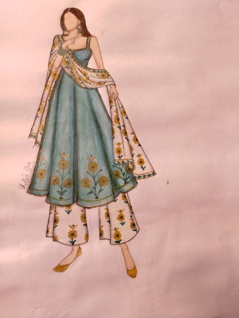 Kurti Design Drawing, Indian Dresses Sketches, Indian Clothes Drawing, Kurta Illustration Sketch, Kurti Illustration Sketch, Anarkali Sketch, Indo Western Dress Illustration, Kurta Sketch, Kurti Drawing