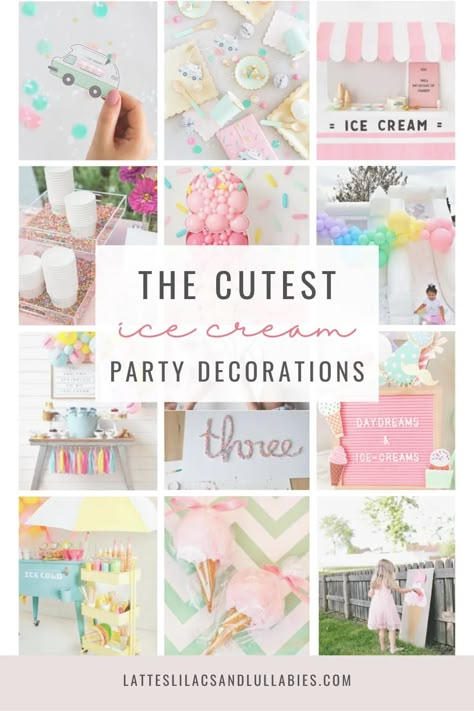 Sweets 3rd Birthday Party Theme, Pastel Ice Cream Birthday Party Decorations, Diy Ice Cream Birthday Party, Three Ice Cream Party, Ice Cream Parties Ideas, Ice Cream Sundae Birthday Party Ideas, Ice Cream Party Set Up, 3rd Ice Cream Birthday Party, Three Scoops Of Fun Birthday Theme