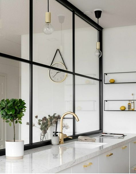 Kitchen Divider, Glass Partition Wall, Glass Room Divider, Living Space Decor, Glass Partition, Divider Wall, Kitchen Room Design, Kitchen Diner, Apartment Kitchen