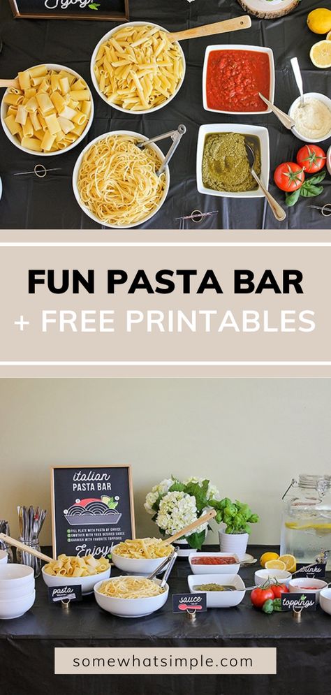 Fun Pasta Dishes, Pasta Bar Toppings, Pasta For A Party, Pasta Bar Ideas Buffet Graduation, Pasta Bar Party Ideas, Pasta Night Party Ideas, Wedding Pasta Bar Buffet, Pasta Party Ideas, Pasta Themed Party