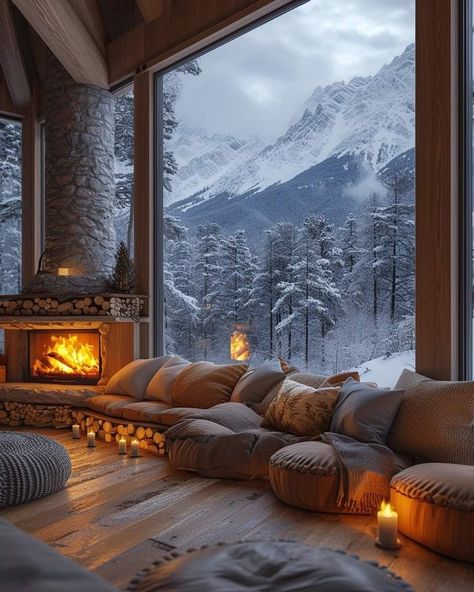 Resort Living Room, Candles Fireplace, Scenery Mountain, Snowy House, Resort Interior Design, Cozy Winter Cabin, Mountain Dream Homes, Winter Living Room, Fireplace Wood