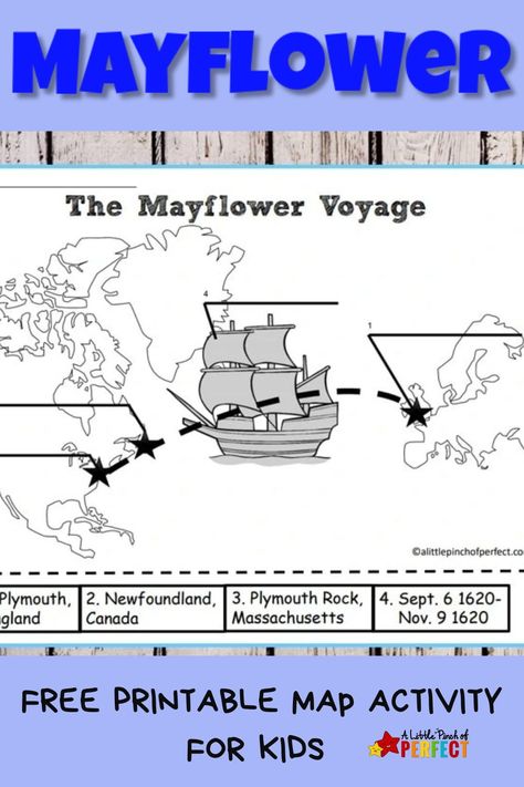 Grab a copy of our free printable map showing the famous voyage across the Atlantic that the Pilgrims took in 1620. The map comes in two versions because I like to give you options. The first version has the Mayflower’s beginning location (Plymouth, England) and its ending location (Plymouth Rock, Massachusetts) only, while the second version includes the stop in between (Newfoundland, Canada). #mayflowermap #mayflowerfreeprintable Mayflower Activities Preschool, Mayflower Crafts, Mayflower Art Projects For Kids, Mayflower Activity, Mayflower Coloring Page, Geography Worksheets, Maps For Kids, Map Activities, Homeschool Freebies