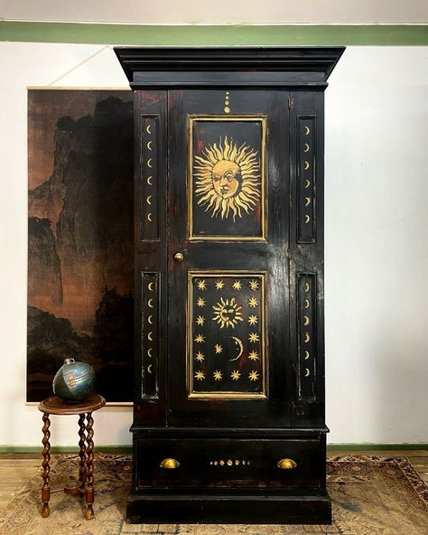 Another cabinet of curiosities.. Vintage painted dark pine wardrobe with sun and moon folk art panels, beautiful furniture by @trouvefineart #handpaintedfurniture #folkart #cabinetofcuriosities Moon Painted Furniture, Wardrobe Art Painting, Folk House Decor, Sun And Moon Furniture, Painted Vintage Cabinet, Folk Art Furniture Painting, Folk Painted Furniture, Wardrobe Painting Ideas Diy, Furniture Refinishing Ideas