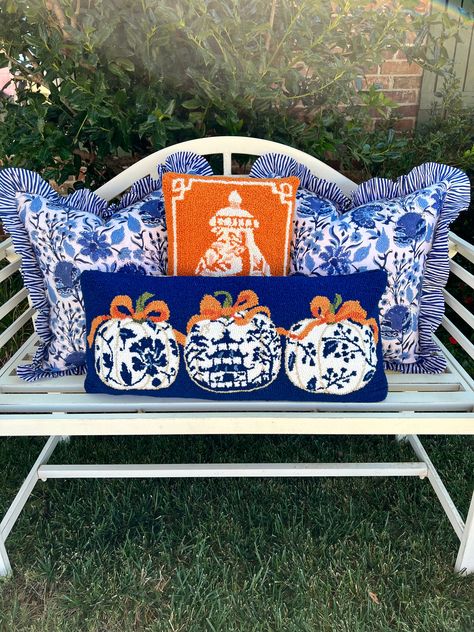 Chinoiserie chic at it’s brightest! This hand hooked accent pillow is perfect for Fall or any season! Made by hand from 100 percent wool and ready to bring some personality to your home! • Measures 12”x18” • Backed in velvet, covered zipper Chinoiserie Christmas Pillows, Grandmillenial Fall Decor, Fall Chinoiserie Decor, Grand Millennial Fall Decor, Navy Blue Fall Decor, Blue And White Pumpkins, Orange Chinoiserie, Chinoiserie Pillow Covers, Chinoiserie Pillows