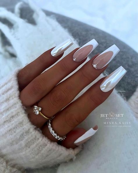 College Nails, Beautiful Manicure, Pink White Nails, Wow Nails, Glittery Nails, Cute Simple Nails, Square Nail Designs, White Nail Designs, White Nail